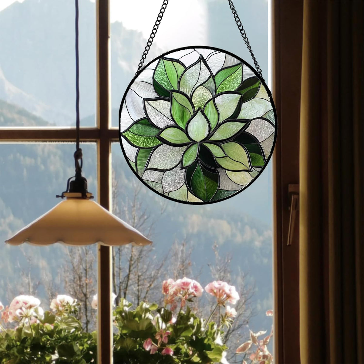 Stained Glass Window Hanging - Green Succulent Plants Suncatcher for Doors Garden Patio Floral Sun