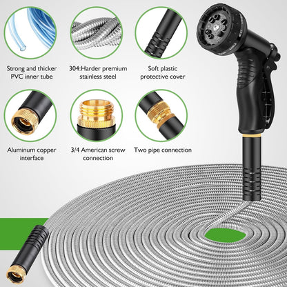 Garden Hose Metal 125FT, Stainless Steel Heavy Duty Water Hose With 10 Function Nozzle, No-Kink