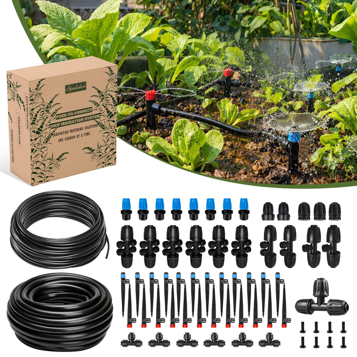 Spalolen Push-to-Connect Drip Irrigation System Kit, 2-Zone Garden Watering System with 50FT 1/2"