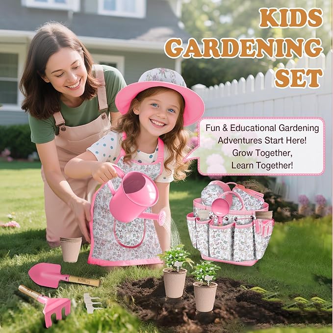 Kids Gardening Tool Set 18PCS Kids Toddler Gardening Set Includes Tote Bag Watering Can Apron Hat