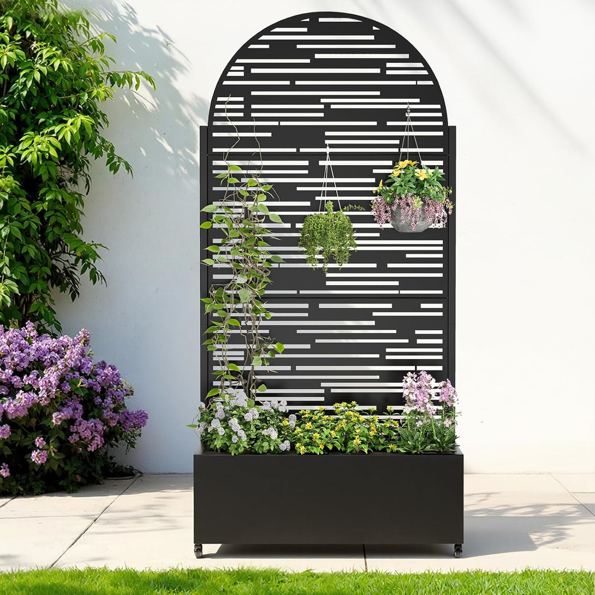 Metal Raised Garden Bed with Trellis & Wheels,72" x 35"x 15.7" Planter Box with Trellis,Privacy