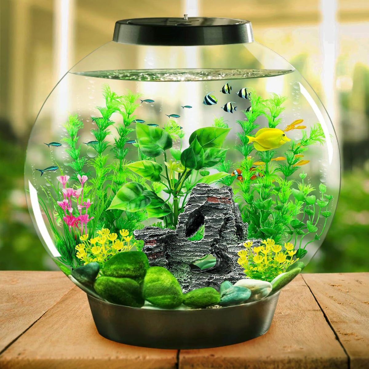Fish Tank Accessories Artificial Plants, 9pcs Green Aquarium Decorations Plants and Cave Rock Decor
