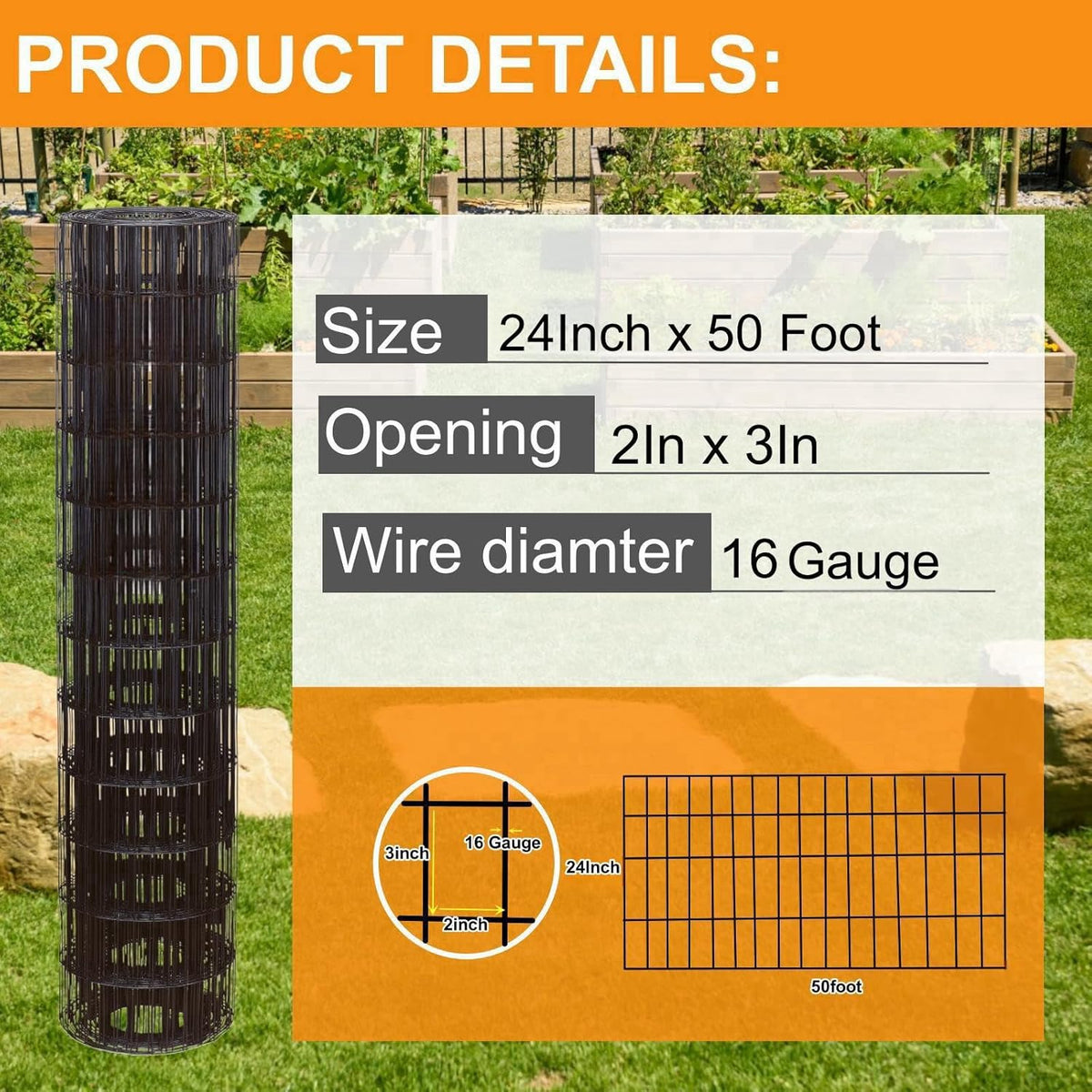 Wire Fence 24in x 50ft, 2X 3 16GA, Black PVC Coated Garden Fence for Yard Garden Border Fencing