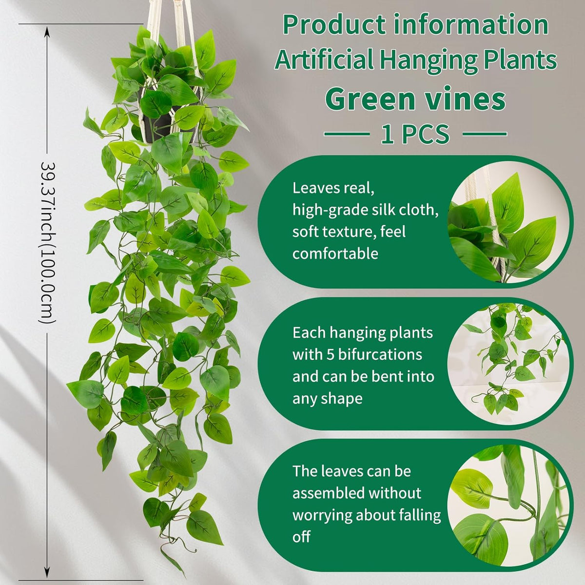 Fake Pothos in Rope - Hanging Pot, Artificial Pothos Plants for Home Decor Indoor Macrame Plant