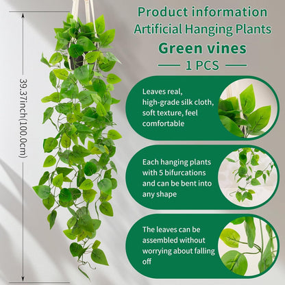 Fake Pothos in Rope - Hanging Pot, Artificial Pothos Plants for Home Decor Indoor Macrame Plant