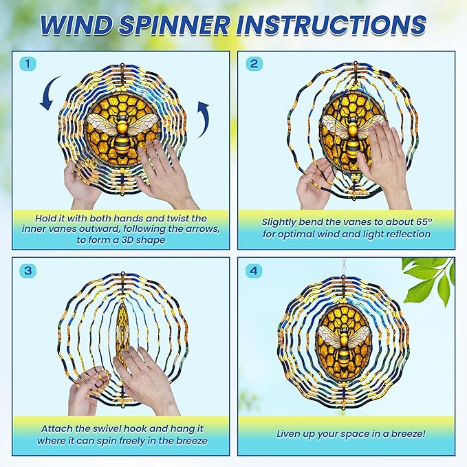 FLAGWIX Christmas Bee Wind Spinners Outdoor - 3D Stainless Steel Metal Wind Spinners 12 in - Bee