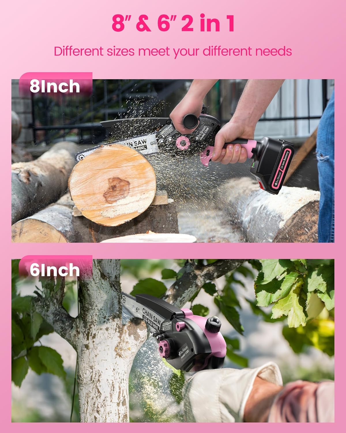 Mini Chainsaw Cordless, 8 inch & 6 inch Electric Chain Saw with 2 Pack Rechargeable Batteries