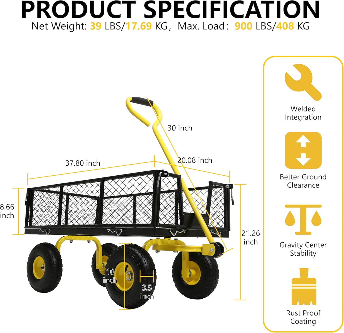 Steel Garden Cart, 2-in-1 Heavy Duty Utility Wagon 900 LBS Capacity Carts with Removable Mesh Sides