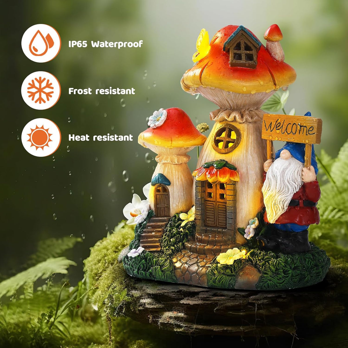 Json Solar Garden Statue Lights Mushroom Fairy House Figurine, Outdoor Memorial Garden Ornaments