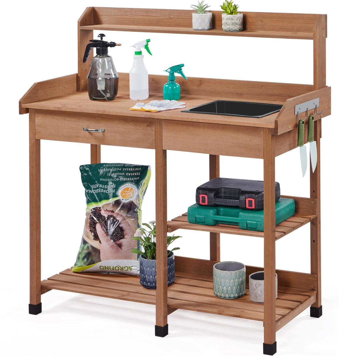 Yaheetech Potting Bench with Sink & Drawer, Outdoor Gardening Table, Brown