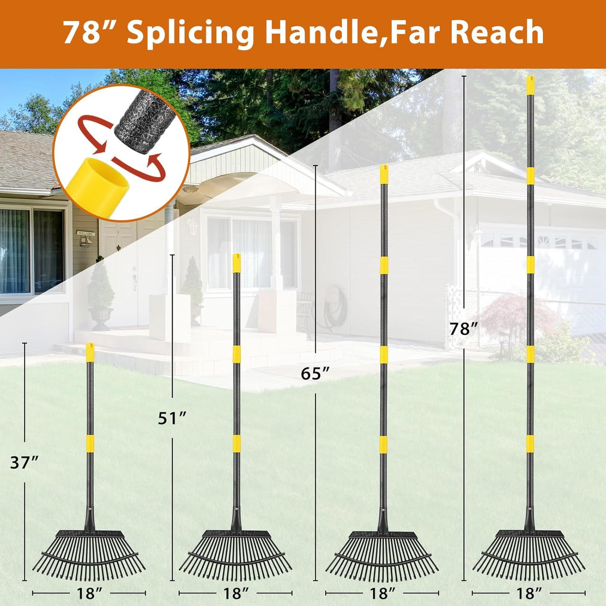 Rake for Leaves: Large 18" Wide Metal Leaf Rake, 65” Long Handle,25 Tines,Heavy Duty Graden Rakes