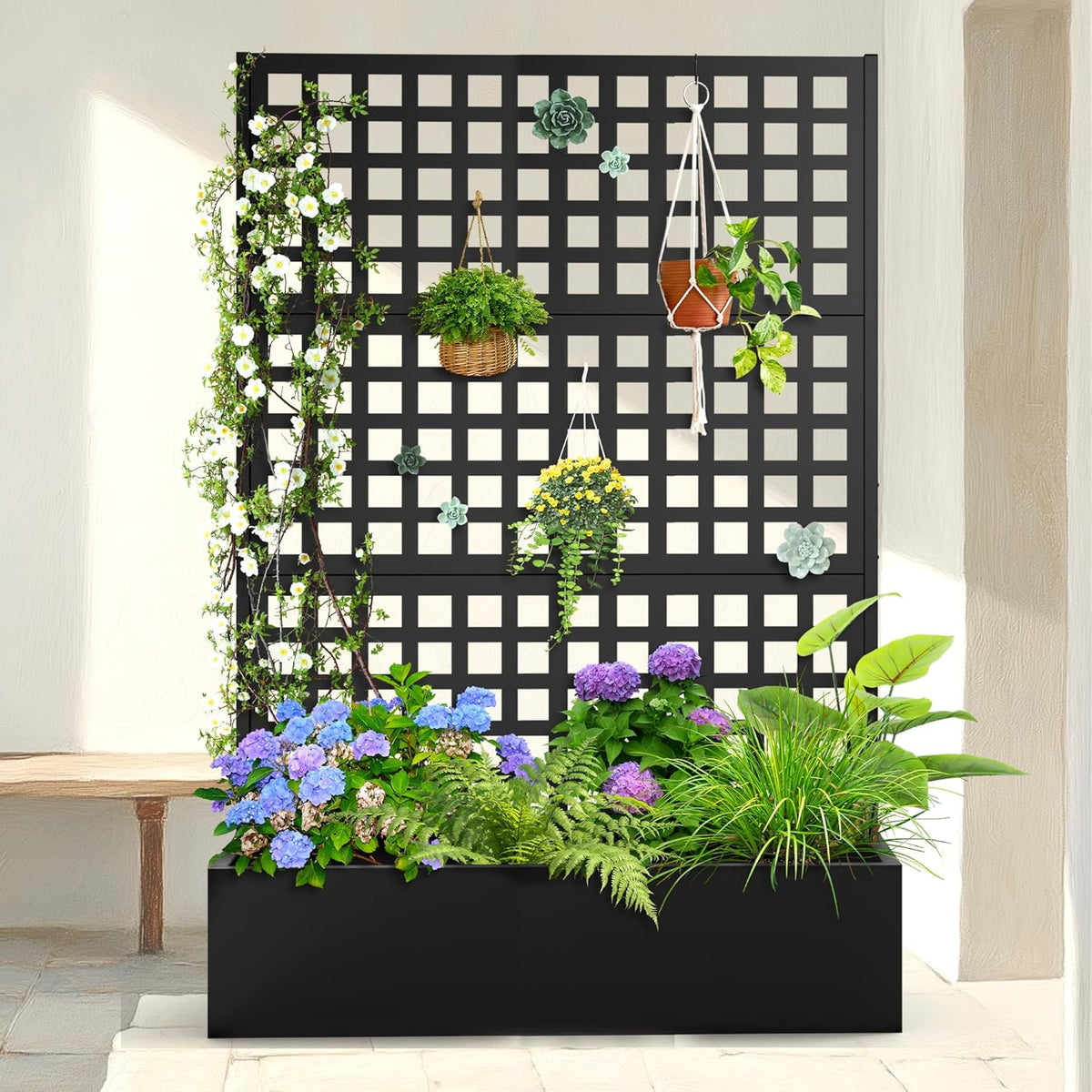 Metal Planter Box with Trellis & Wheels, Raised Garden Bed with Privacy Screen, Outdoor Standing
