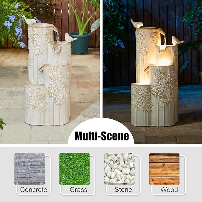 Glitzhome 31.75" H Outdoor Water Fountain with LED Lights and Pump, 4 Tier Dandelion Texture Vase
