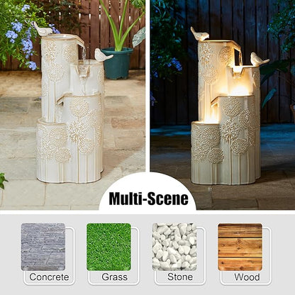 Glitzhome 31.75" H Outdoor Water Fountain with LED Lights and Pump, 4 Tier Dandelion Texture Vase