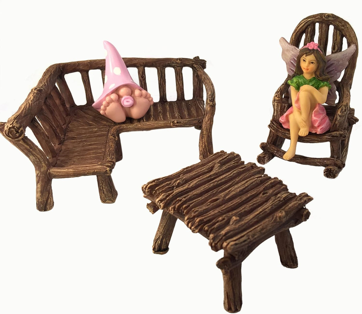 GlitZGlam Miniature Fairy Garden Furniture 3-Piece: Rustic Wood Bench, Rocking Chair and Miniature