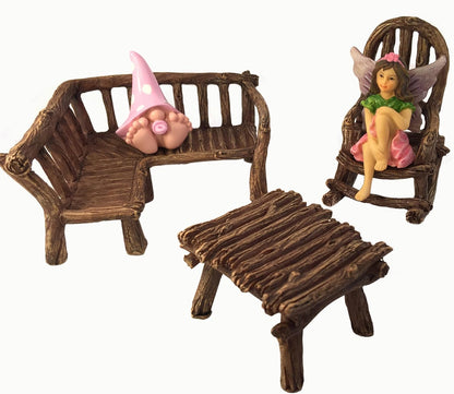 GlitZGlam Miniature Fairy Garden Furniture 3-Piece: Rustic Wood Bench, Rocking Chair and Miniature