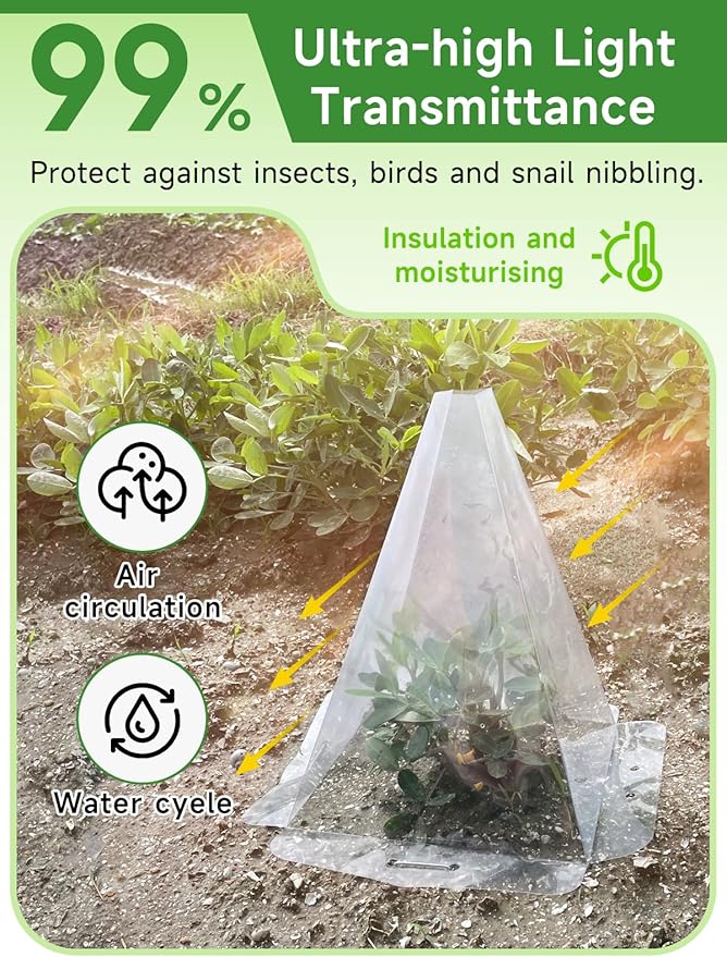 20 Pack Garden Cloches for Plants - Clear Reusable Plastic Seedling Covers with 40 Metal Stakes