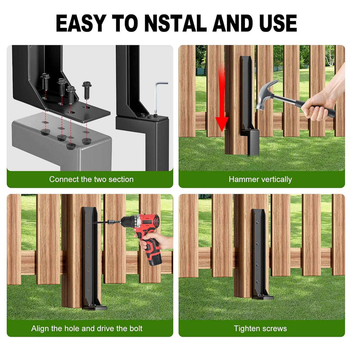 Fence Post Repair Kit，Heavy Duty Steel Fence Post Anchor Ground Spike ，Quick Fix Broken/Leaning