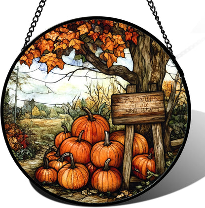 Stained Glass Window Hanging Fall Farm Scenery Maple Trees Pumpkin Large 15" - Suncatcher Door