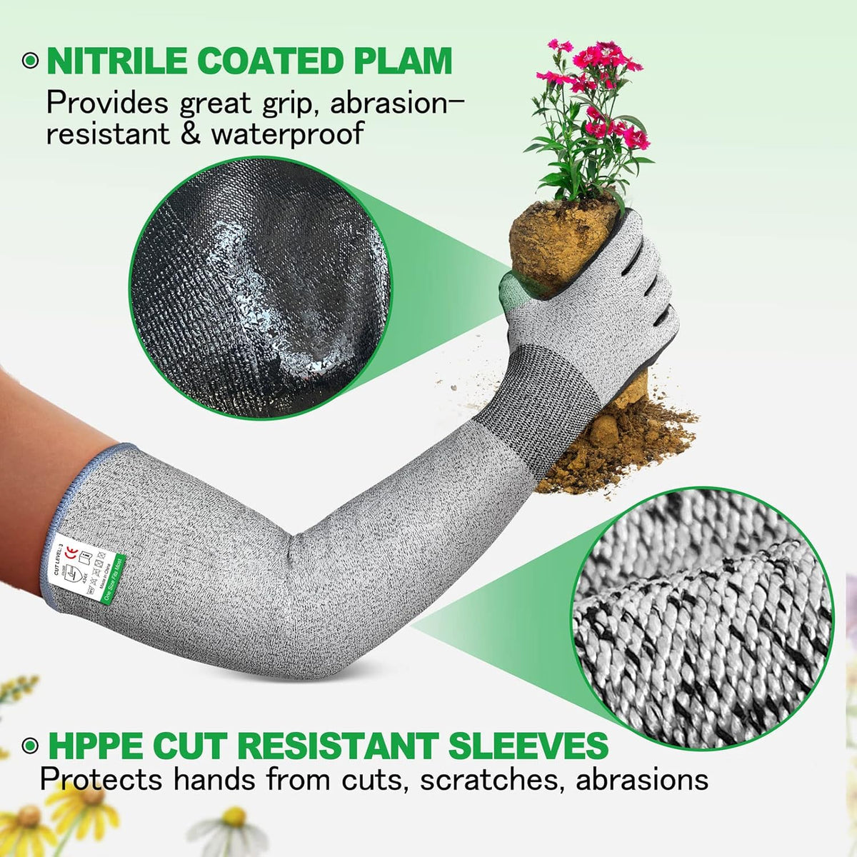 Evridwear Long Gardening Gloves Cut Resistant Sleeves with Anti-slip Nitrile Coated Palm for