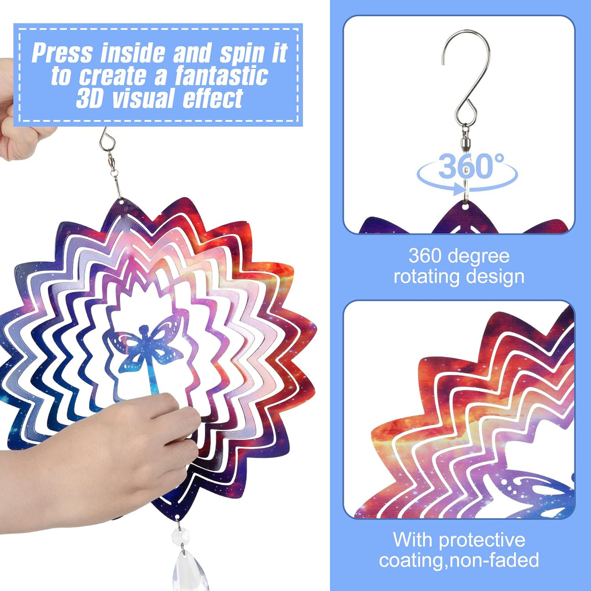 2PCS Garden Wind Spinners 3D Wind Sculptures Butterfly & Dragonfly Hanging Kinetic Wind Catchers