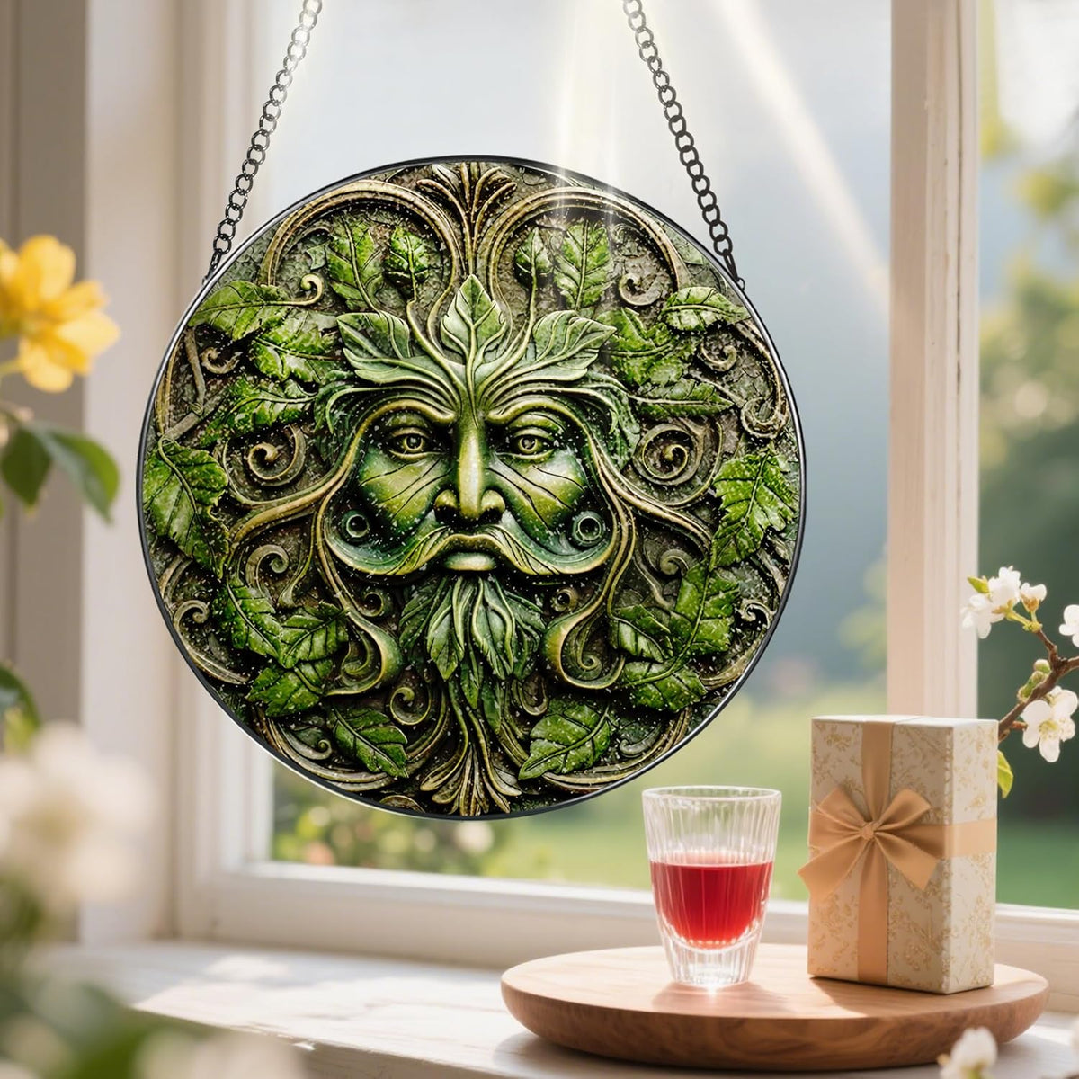 Green Man Stained Glass Suncatcher, Stained Glass Window Hanging, 8 Inch Window Decor Hanging, Gift