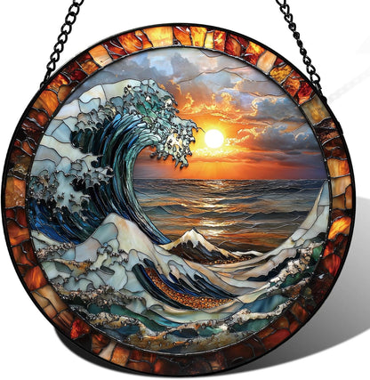 The Ocean Waves and The Sunrise Suncatcher -7.9 in Stained Glass Window Hanging Sun Catcher Garden