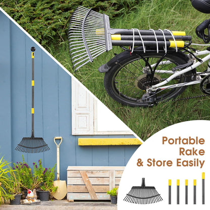 Leaf Rake 18” Wide Heavy Duty Metal 25 Tines Garden Rake Set with 30-75” Adjustable Long Handle for