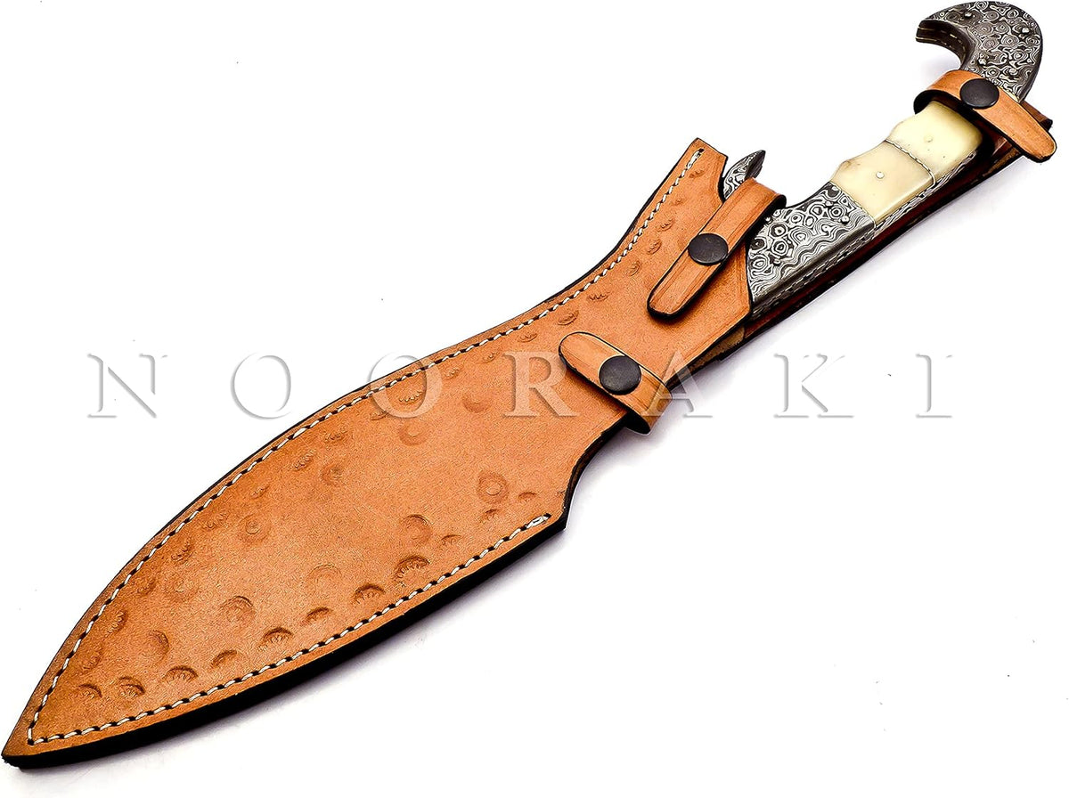 Nooraki MK-2007 Handmade Damascus Steel Fixed Blade Machete/Kukri Knife with Leather Sheath, Full