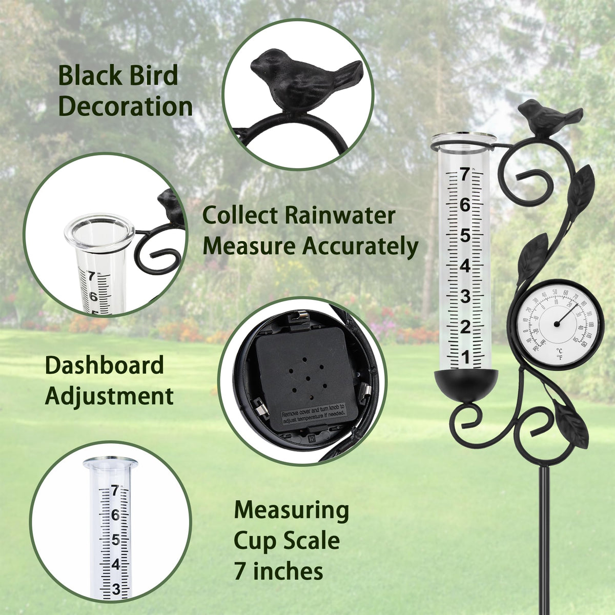 32" Garden Rain Gauge with Thermometer - 7" Glass Tube for Outdoor Indoor Use, Patio Yard Decor