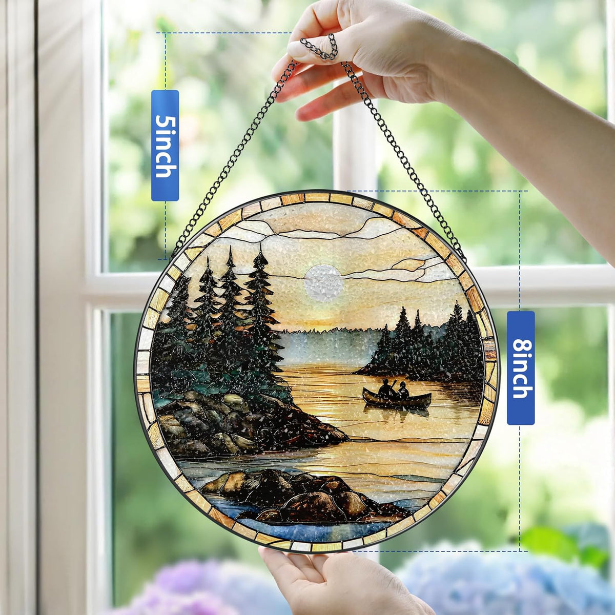 8-Inch Stained Glass Ornament, Stained Glass Window Hanging, Window Hanging Decor Suncatcher, Canoe