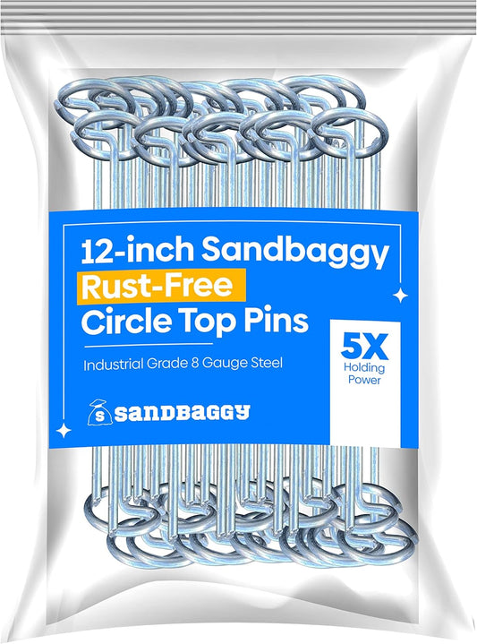 Sandbaggy 12-inch Circle Top Pins - Landscape Staples (Galvanized) - Garden Stakes for Landscaping