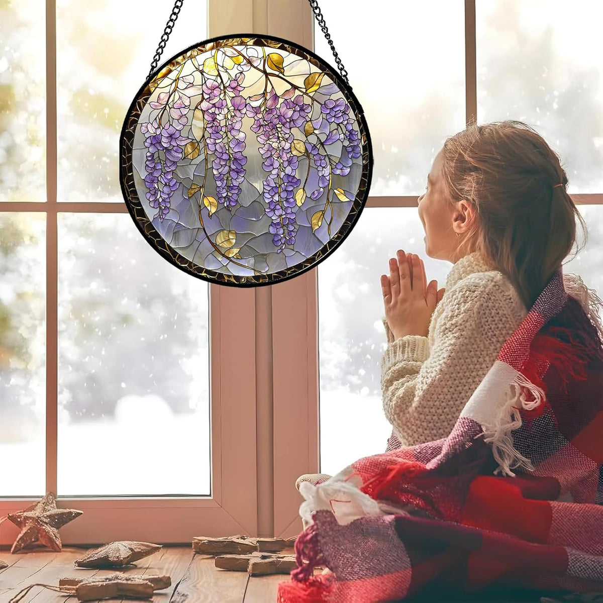 Stained Glass Window Hanging - Wisteria Flower Golden Leaves Sun Catcher for Door Home Decor Plant