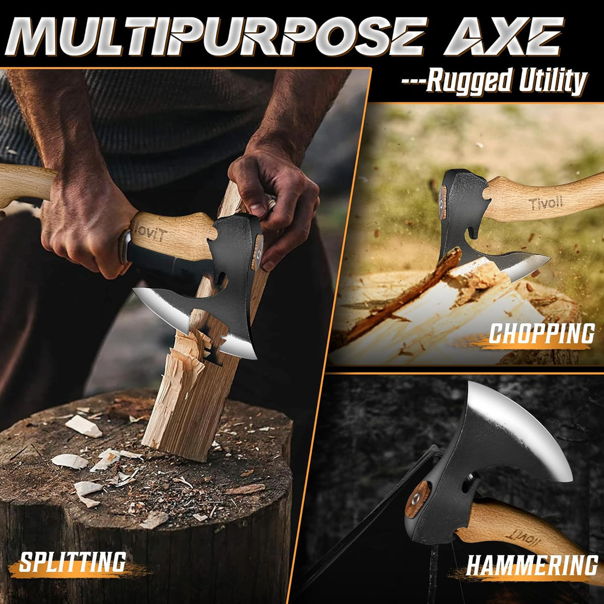 Tivoli Camping Hatchet Axe with Sheath – 16.5" High Carbon Steel Axe with Beech Wood Handle