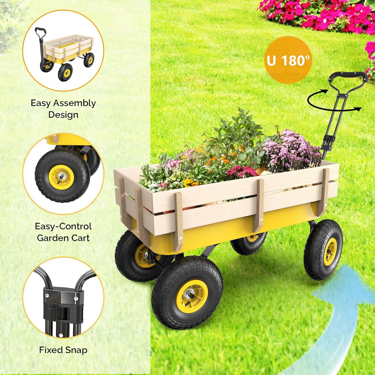 VINGLI Wagon Cart, Steel Frame and Wood Coated Railing, 330lbs All Terrain Wagon 9.2in Solid Tires