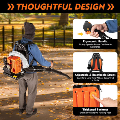 63CC Backpack Gas Powered Leaf Blower, Commercial 2.7kW 850CFM 4.3HP 2-Stroke Powerful Lightweight