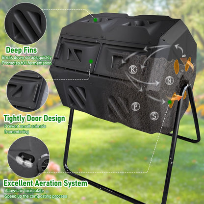Compost Bin, 43 Gallon Dual Chamber Composter Tumbler Outdoor with 2 Sliding Door and Aeration