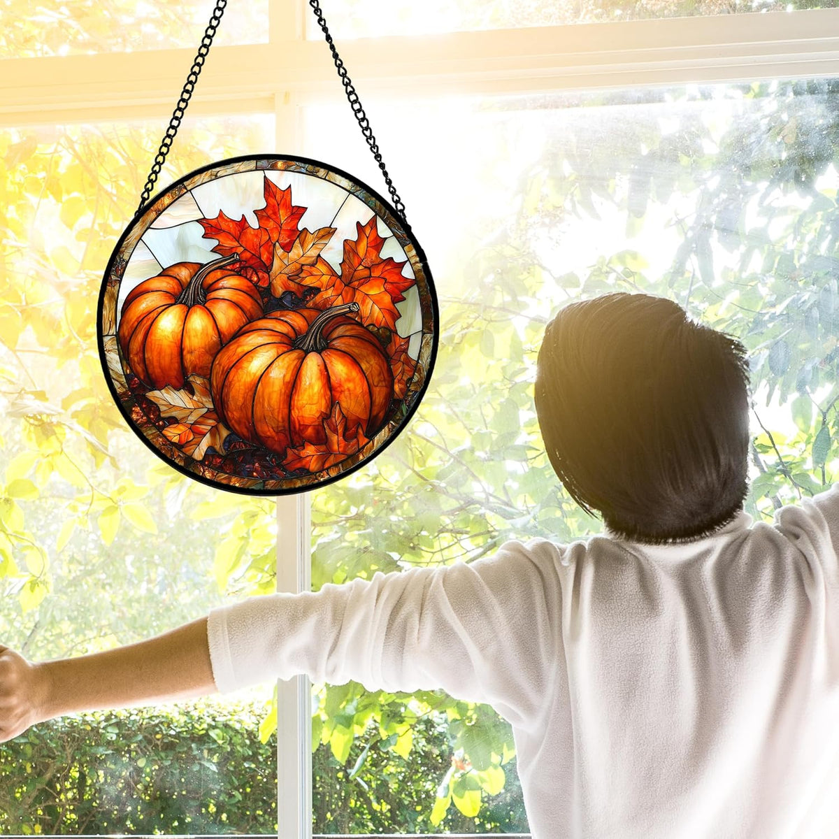Stained Glass Window Hanging, Pumpkin Maple Leaf Suncatcher for Doors Home Sun Catchers Decoration