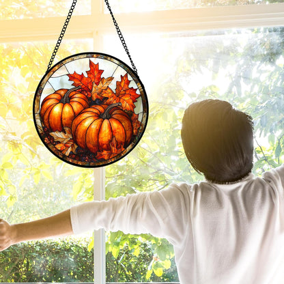 Stained Glass Window Hanging, Pumpkin Maple Leaf Suncatcher for Doors Home Sun Catchers Decoration