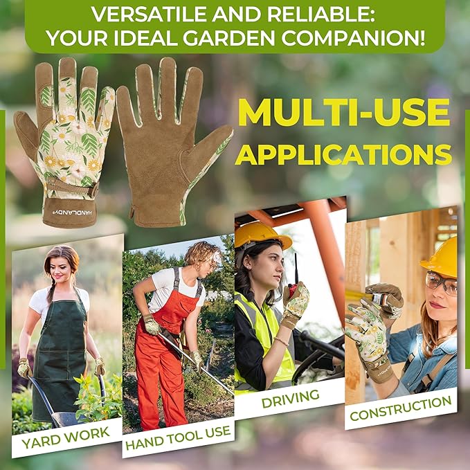 HANDLANDY Gardening Gloves for Women, Breathable Ladies Leather Garden Yard Gloves Best Gift for