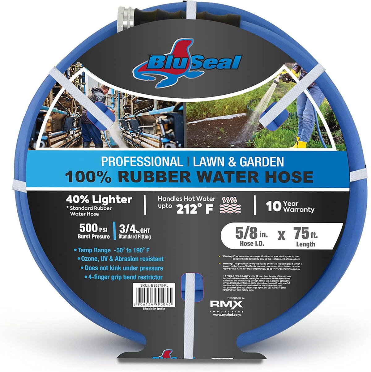 BluSeal Hot/Cold Water Rubber Garden Hose, 100% Rubber, Ultra-Light, Super Strong, 500 PSI, 50F to