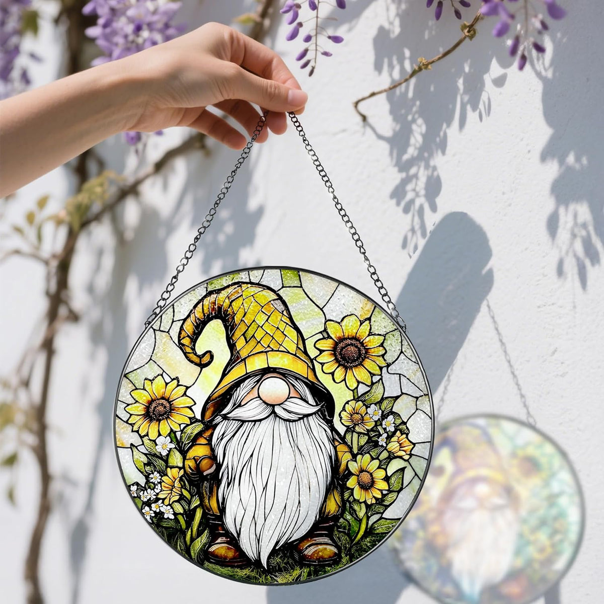 8″ Stained Glass Window Hanging Ornament, Sunflower Gnome Stained Glass Suncatcher Ornament