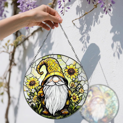 8″ Stained Glass Window Hanging Ornament, Sunflower Gnome Stained Glass Suncatcher Ornament