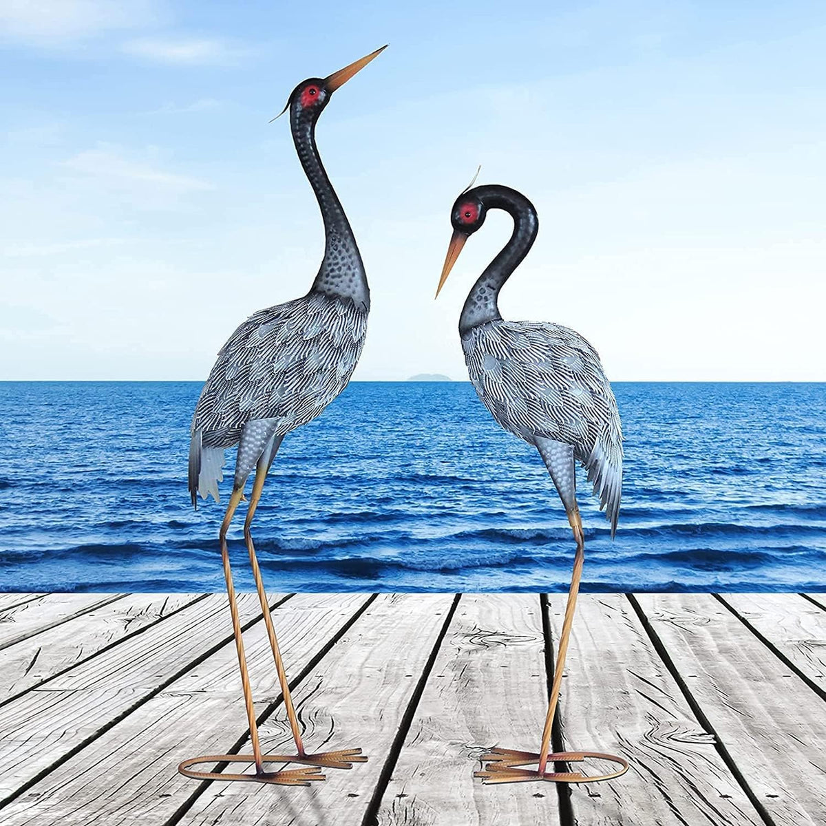 Crane Statue Garden Décor, Metal Heron Statue Yard Art for Outdoor Patio Lawn Backyard Pool Front