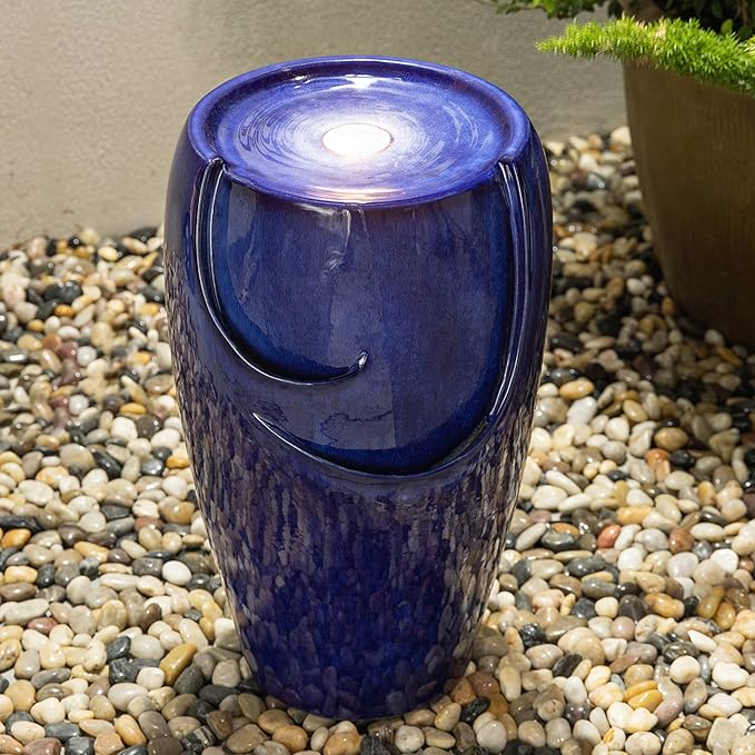 Glitzhome Ceramic Vase Outdoor Water Fountain Tall Patio Garden Water Fountain with LED Light and