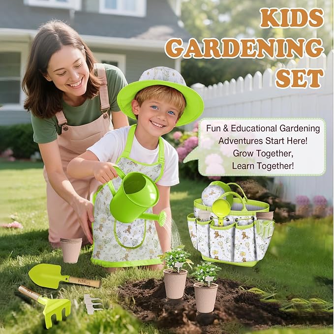 Kids Gardening Tool Set 18PCS Kids Toddler Gardening Set Includes Tote Bag Watering Can Apron Hat
