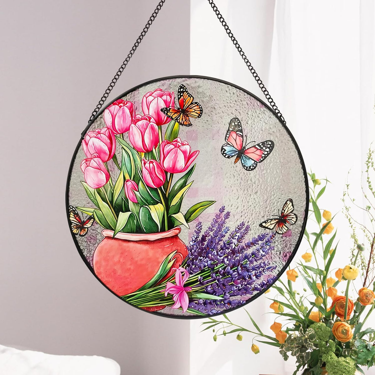 Stained Glass Window Hanging, 9.8'' Tulip Lavender Butterfly Sun Catcher Glass Panel for Window