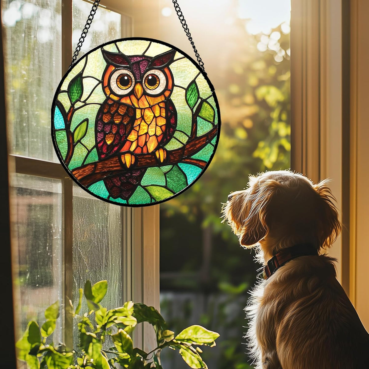 Stained Glass Window Hanging - Owl on a Branch Suncatcher for Doors Window Home Orange Brown Sun