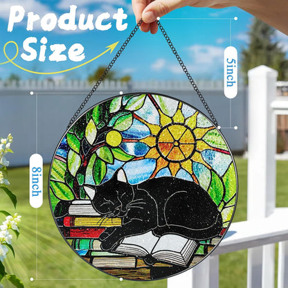 Stained Glass Window Hanging, 8 Inch Black Cat on Book Stained Glass Suncatcher, Window Decor