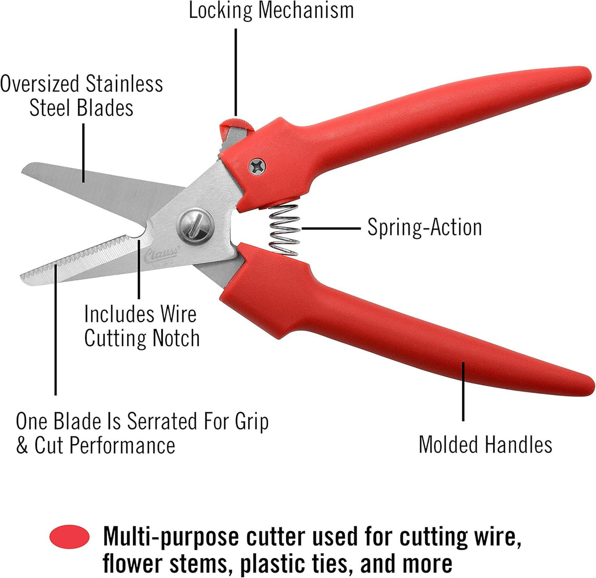 Clauss Spring-Action Stainless Steel Wire Cutters / Pruning Shears For Gardening, Red, 7.5’’ (33503)